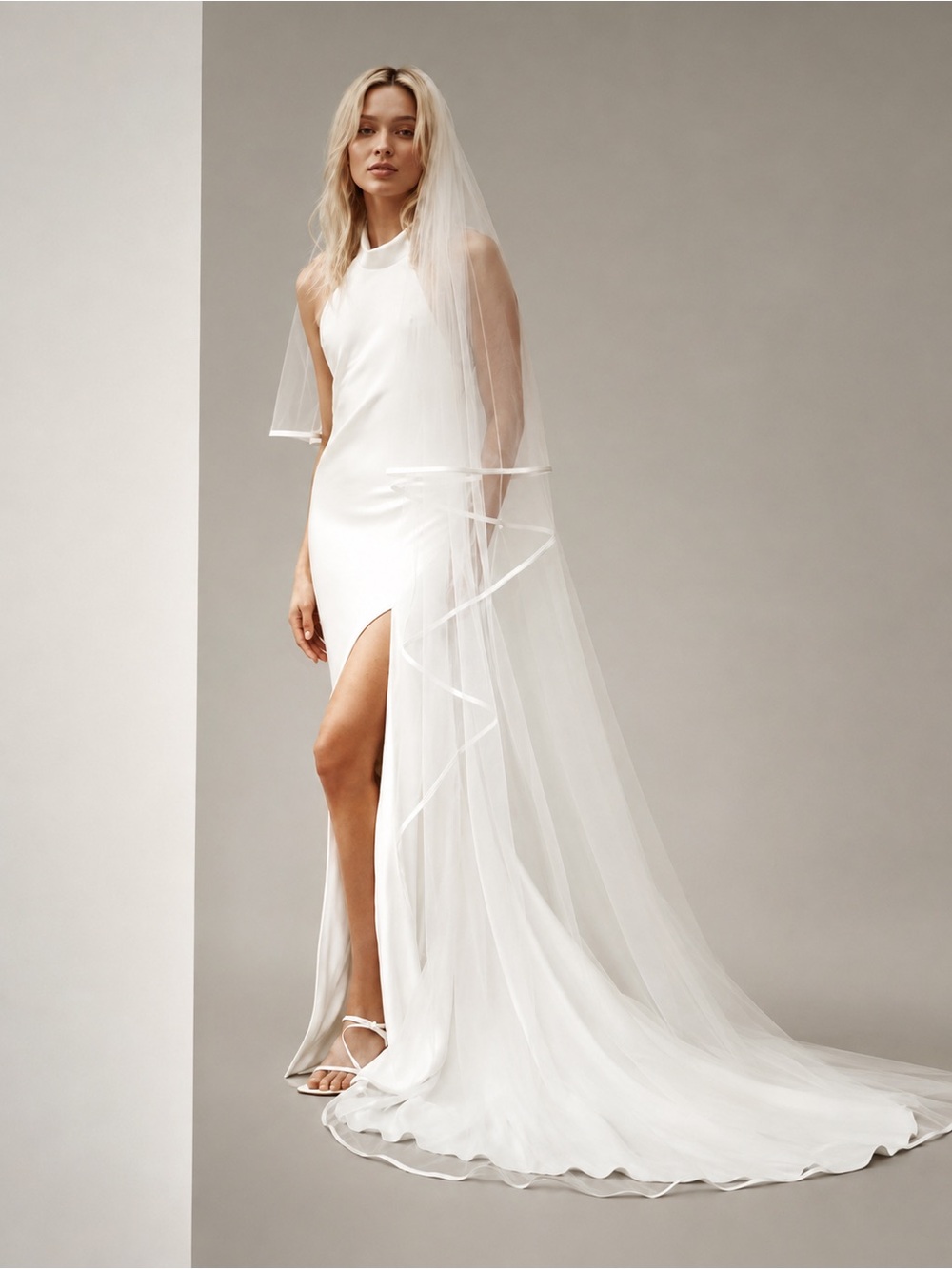 Anthropologie $298 Ofrenda Kepler Elegant Satin Trim Chapel Wedding Veil Ivory